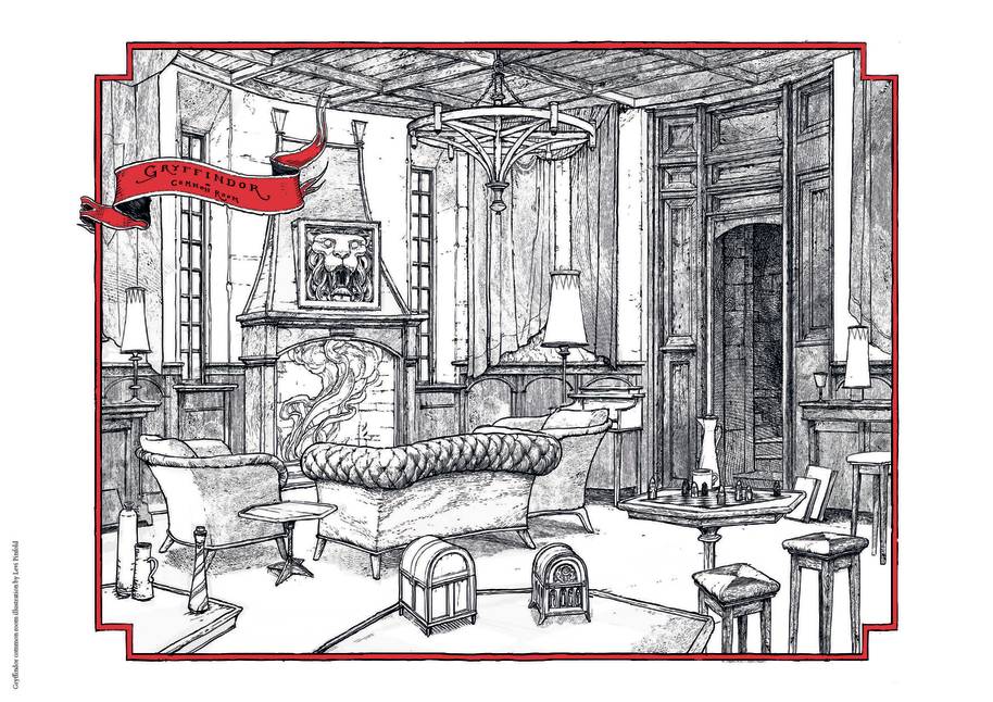 Bloomsbury Gryffindor common room illustrated by Levi Pinfold