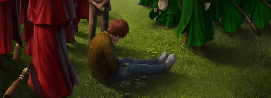Ron vomits slugs at the Quidditch pitch.