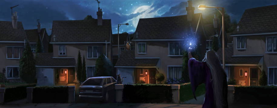 Dumbledore uses the Deluminator outside the Dursley's house.