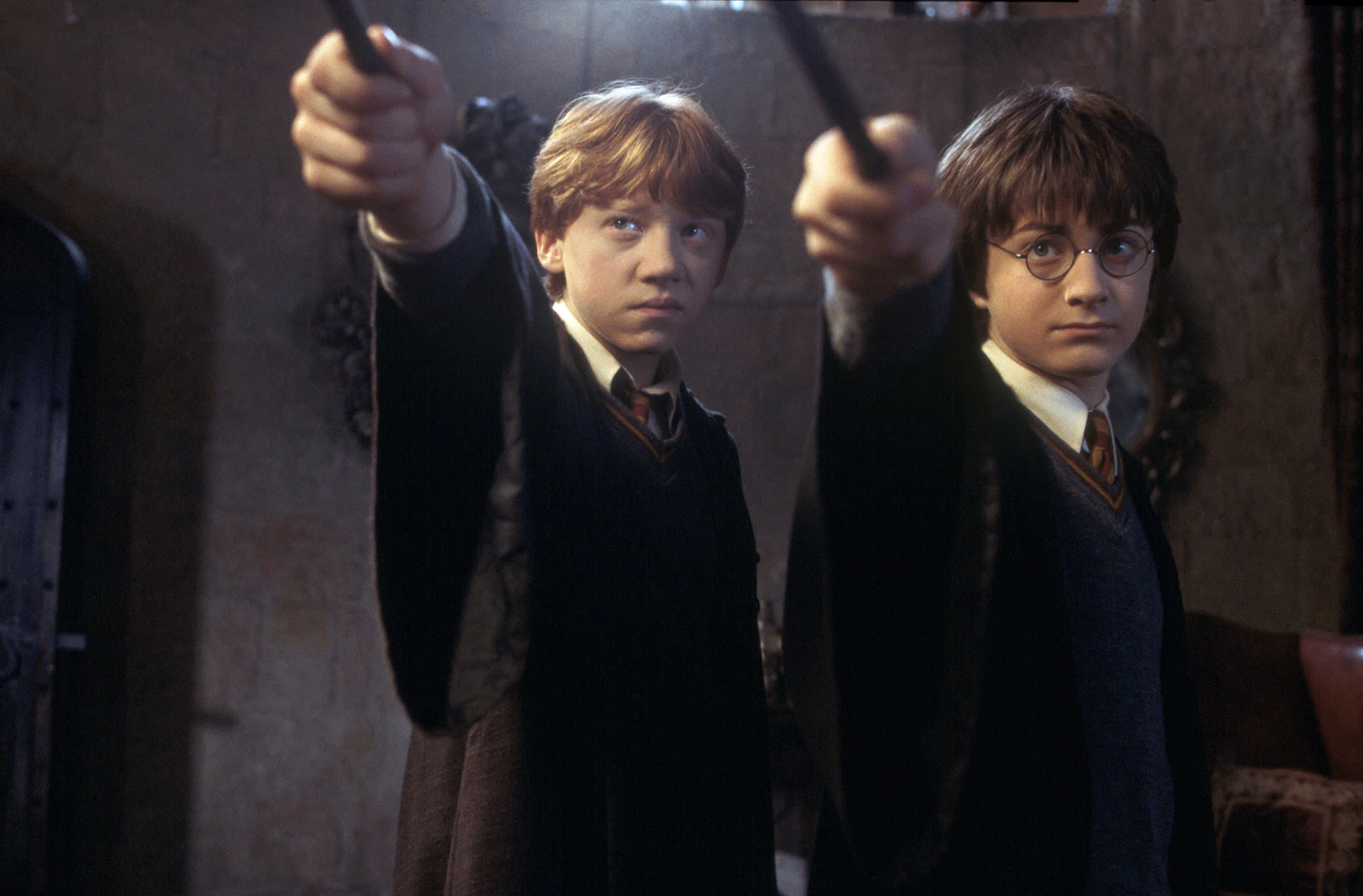 Harry and Ron standing side-by-side with their wands raised. Both look determined.