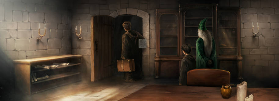 Lupin quitte son bureau pendant que Harry et Dumbledore regardent