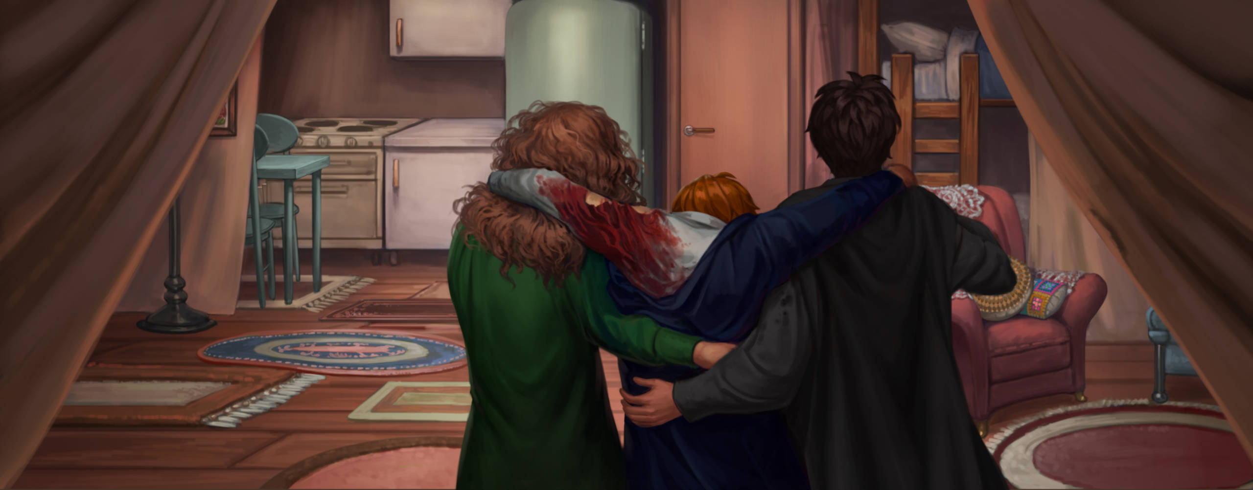 Harry and Hermione helping Ron after he has splinched himself.