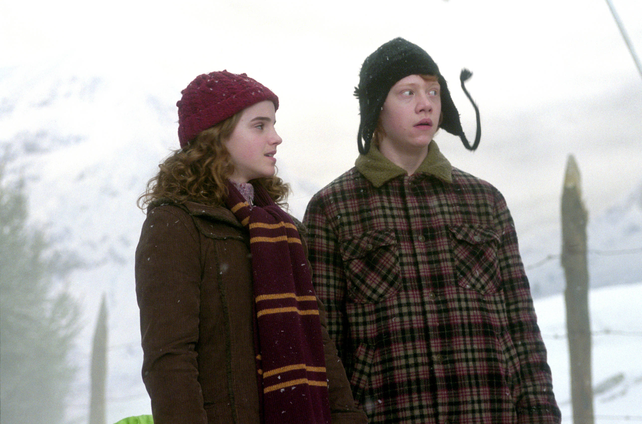 Hermione and Ron are tricked by an invisible Harry in Hogsmeade.