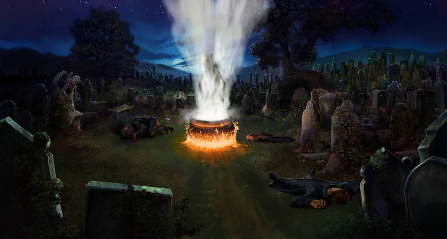 Peter Pettigrew lies grasping his bloody stump of a wrist while the cauldron from which Voldemort will be reborn glows in the middle of the cemetery.