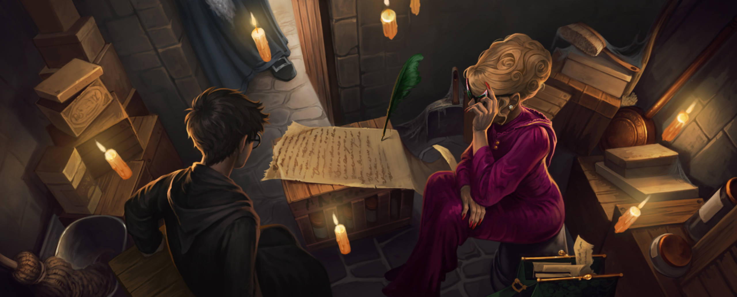 Rita Skeeter interviews Harry in the broom cupboard, her Quick Quote Quill takes down all the notes.
