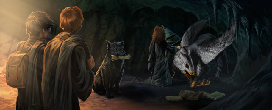 Sirius en tant que gros chien noir avec Buckbeak dans la grotte de Pré-au-Lard.