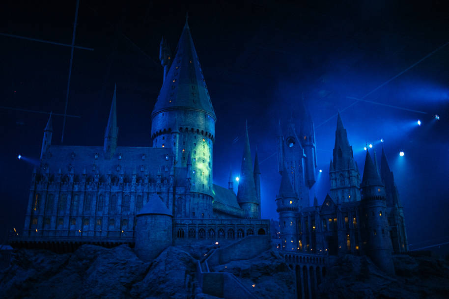 The model of Hogwarts castle at the Studio Tour with the Dark Mark projected onto it.