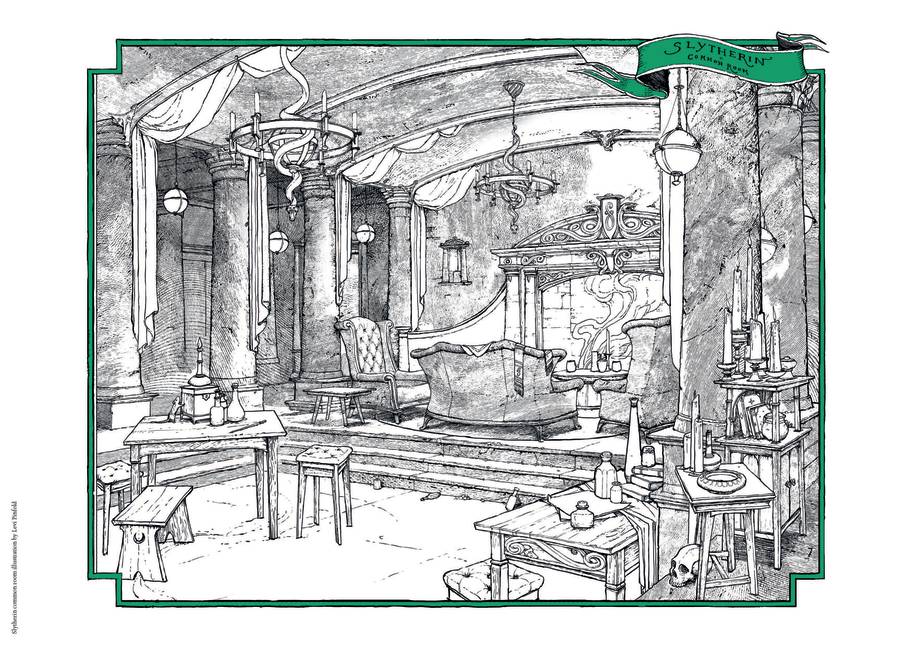 Bloomsbury Slytherin common room illustrated by Levi Pinfold