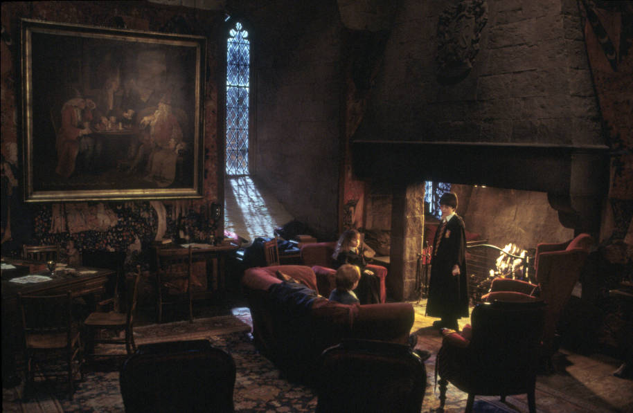 Harry, Ron and Hermione are in the Gryffindor common room. Harry is stood in front of the fire looking at the other two who are sat down. Ron is on the sofa and Hermione is in an armchair.