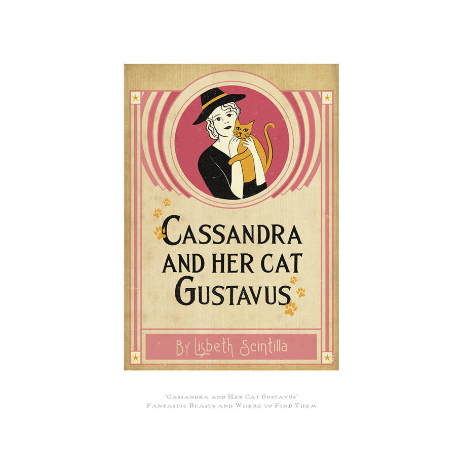 MinaLima's Cassandra and her Cat Gustavus book cover from Fantastic Beasts