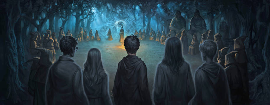 Harry, accompanied by the spirits of his dead family and friends, approaches Lord Voldemort prepared to die.