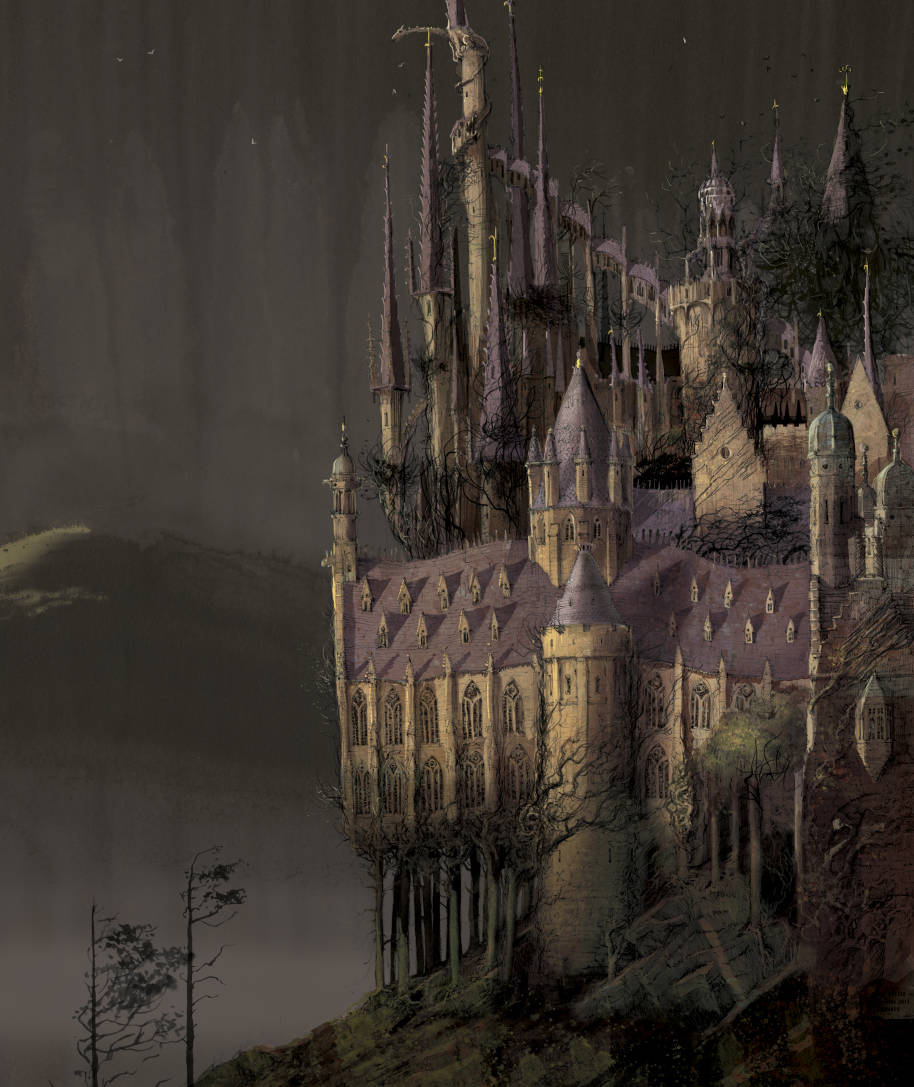An illustration of Hogwarts castle in the darkness