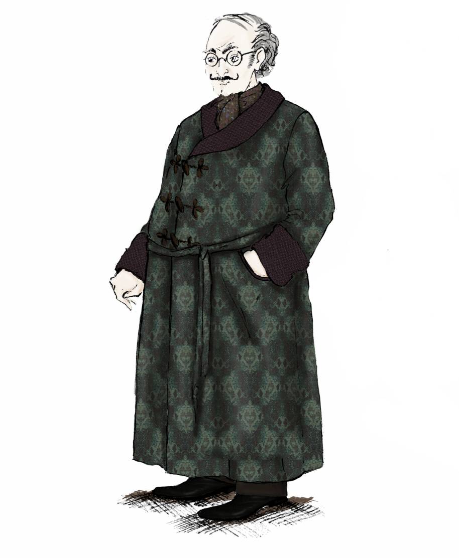 An illustration of Slughorn in his dressing gown  
