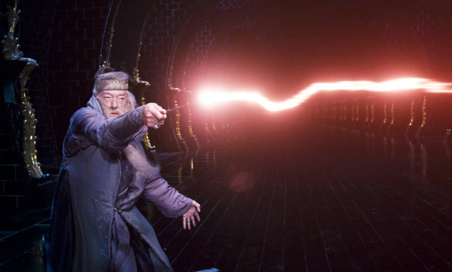 Dumbledore casting a red spell in the Ministry of Magic