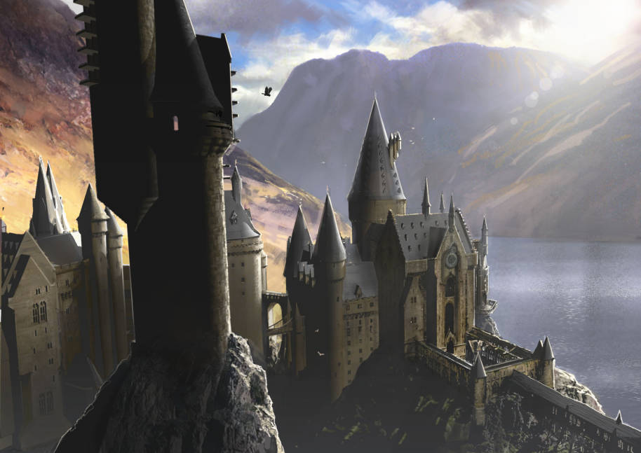 An illustration of a sunlit Hogwarts 