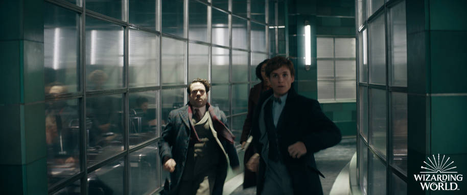 Newt, Jacob et Lally courant dans les couloirs d'un immeuble.