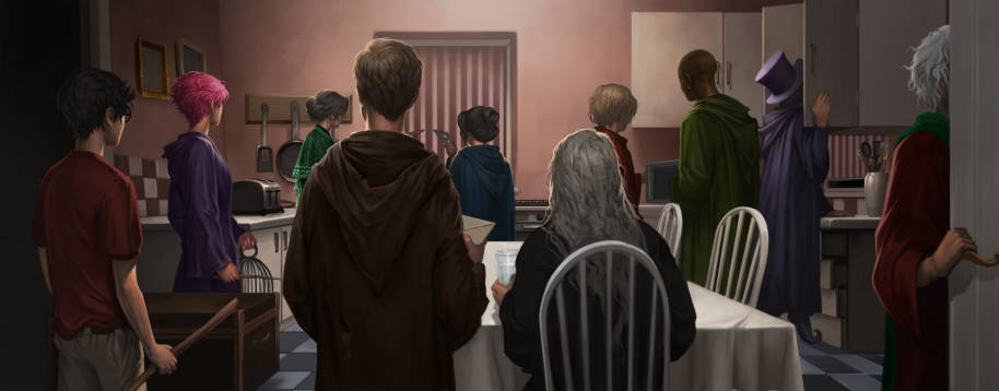 Illustration of the Advance Guard at Privet Drive with Harry Tonks Hestia Lupin Emmeline Moody Sturgis Kingsley Elphias