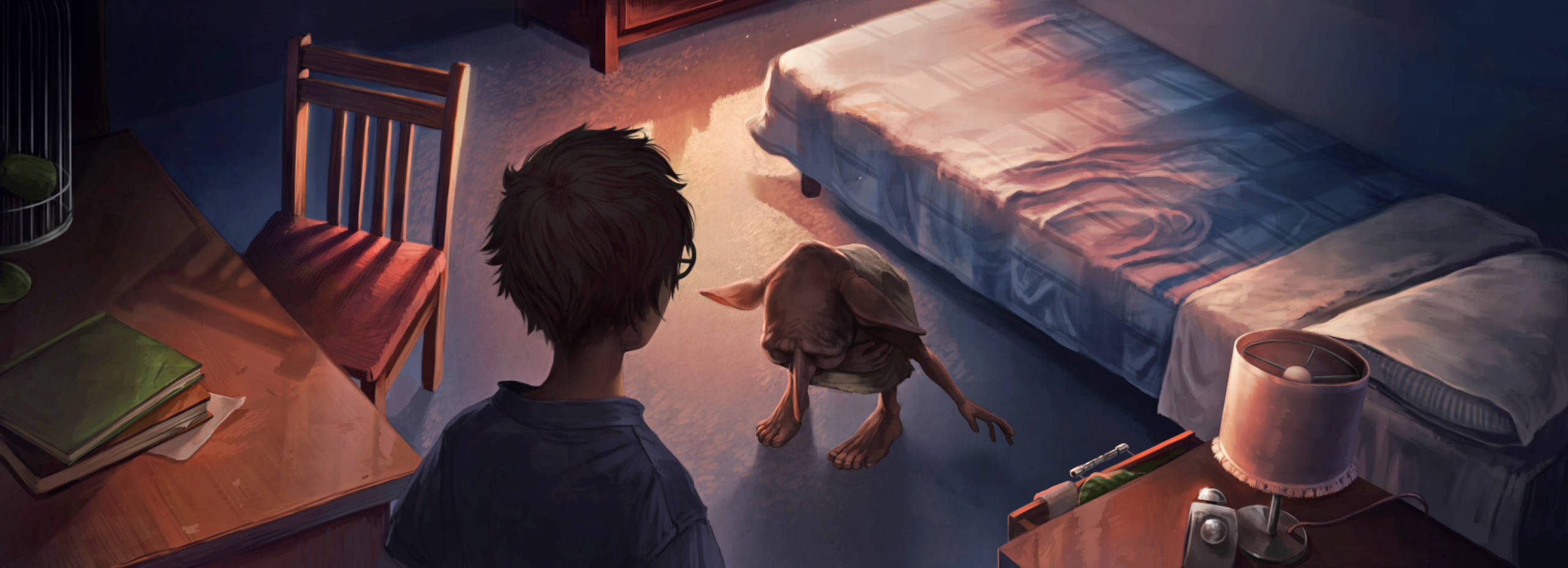 Dobby bows to Harry in his bedroom in Privet Drive