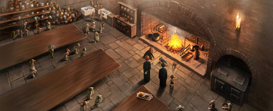 Dobby and Winky in the Hogwarts kitchens with the other elves.