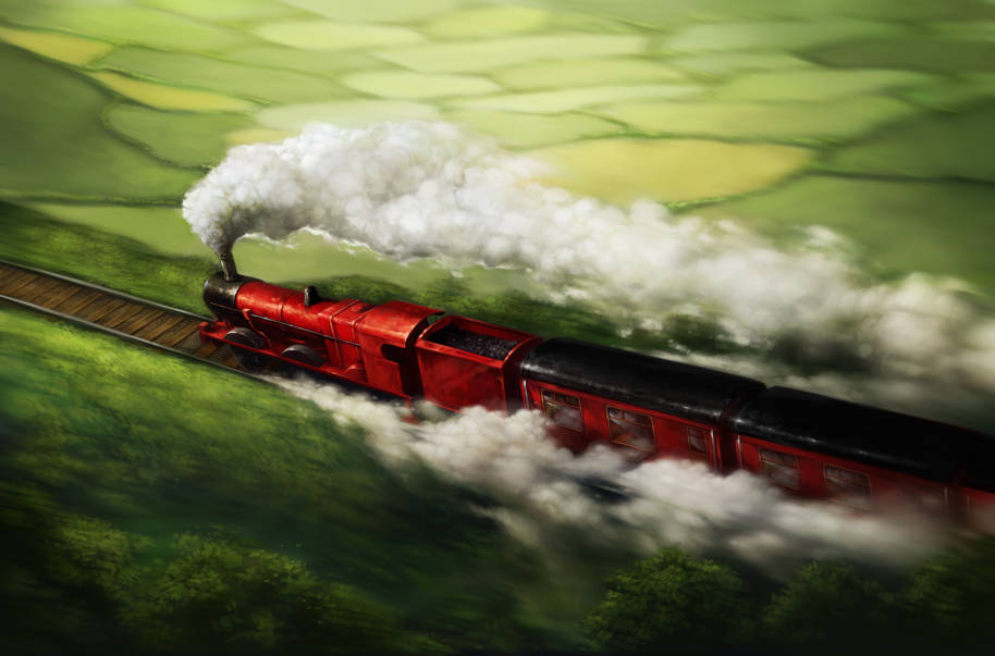 The Hogwarts Express steaming through the country side