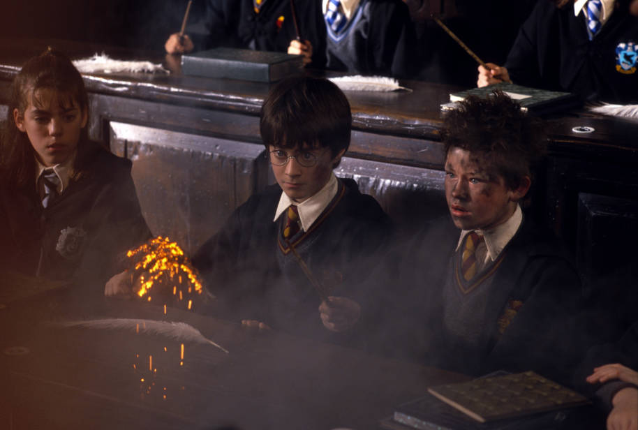 Seamus sets fire to his feather whilst attempting Wingardium Leviosa