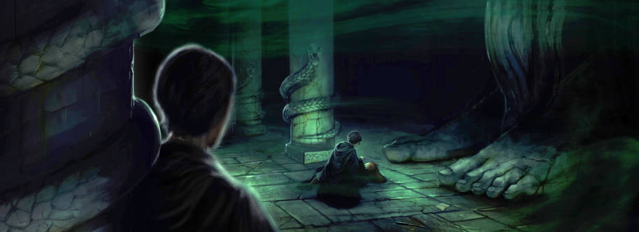 Harry crouches over Ginny in the Chamber of Secrets while Tom Riddle watches.