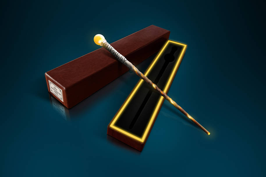 A lit up version of the Loyal Wand, one of the four designs of the Magic Caster product.