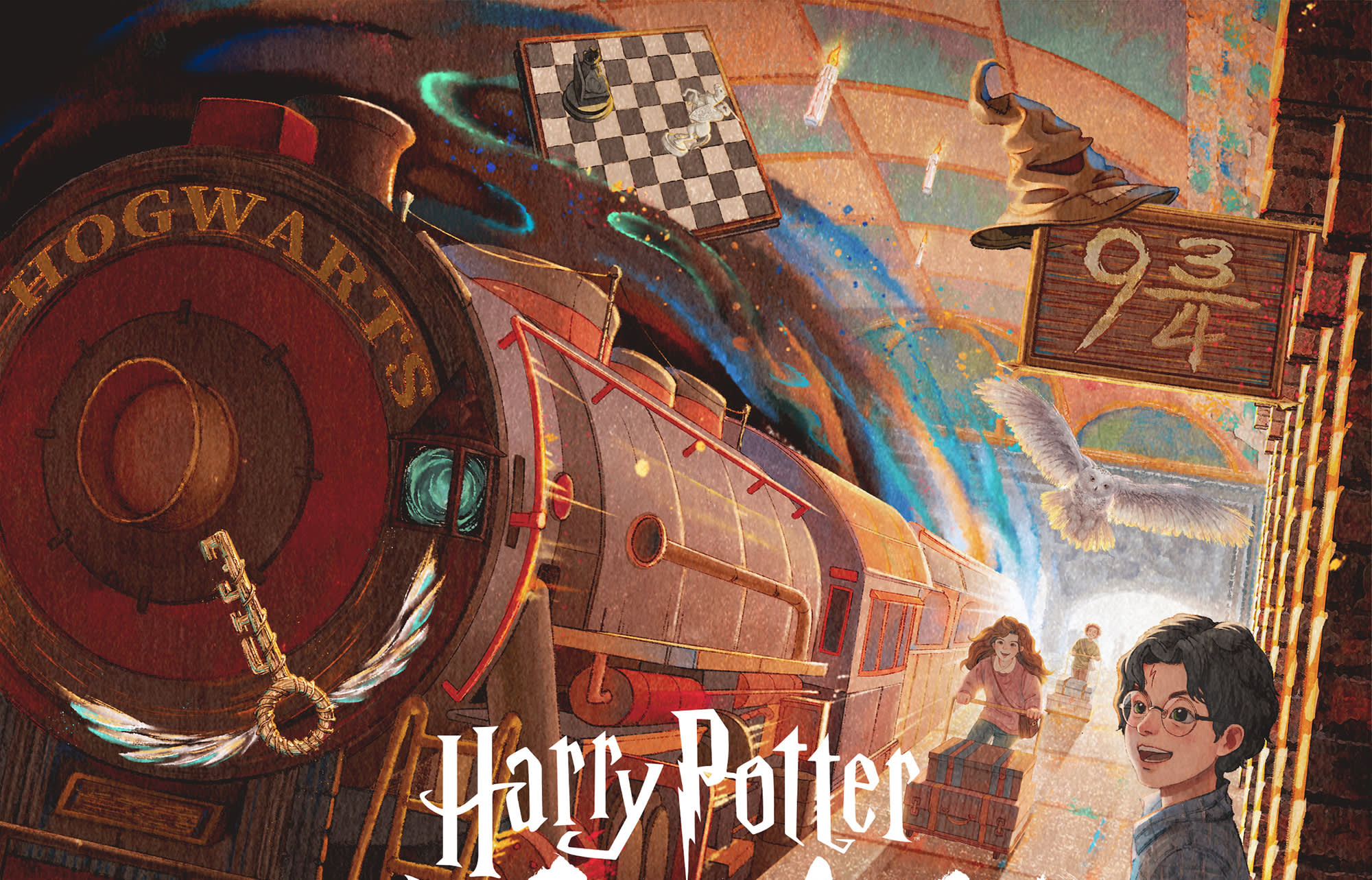 A colourful illustration of Harry Potter on platform nine and three-quarters looking happily at the Hogwarts Express. Ron and Hermione are in the distance with their trollies. The Sorting Hat, wizard chess board and flying key all feature.