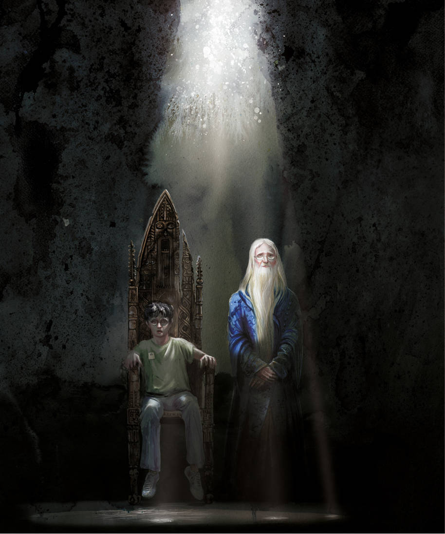 An illustration of Harry and Dumbledore at Harry's Ministry hearing. Harry is at in the chair and Dumbledore is next to him.