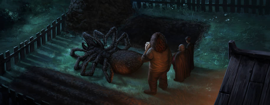 Hagrid, Slughorn and Harry at Aragog's burial