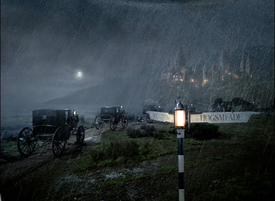 A rainy Hogwarts with the horseless carriages 