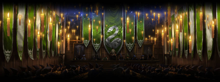 The Great Hall when Slytherin have momentarily won the House Cup.