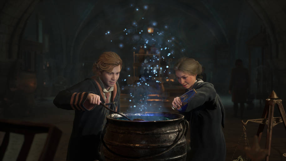Two students stirring a cauldron in Potions