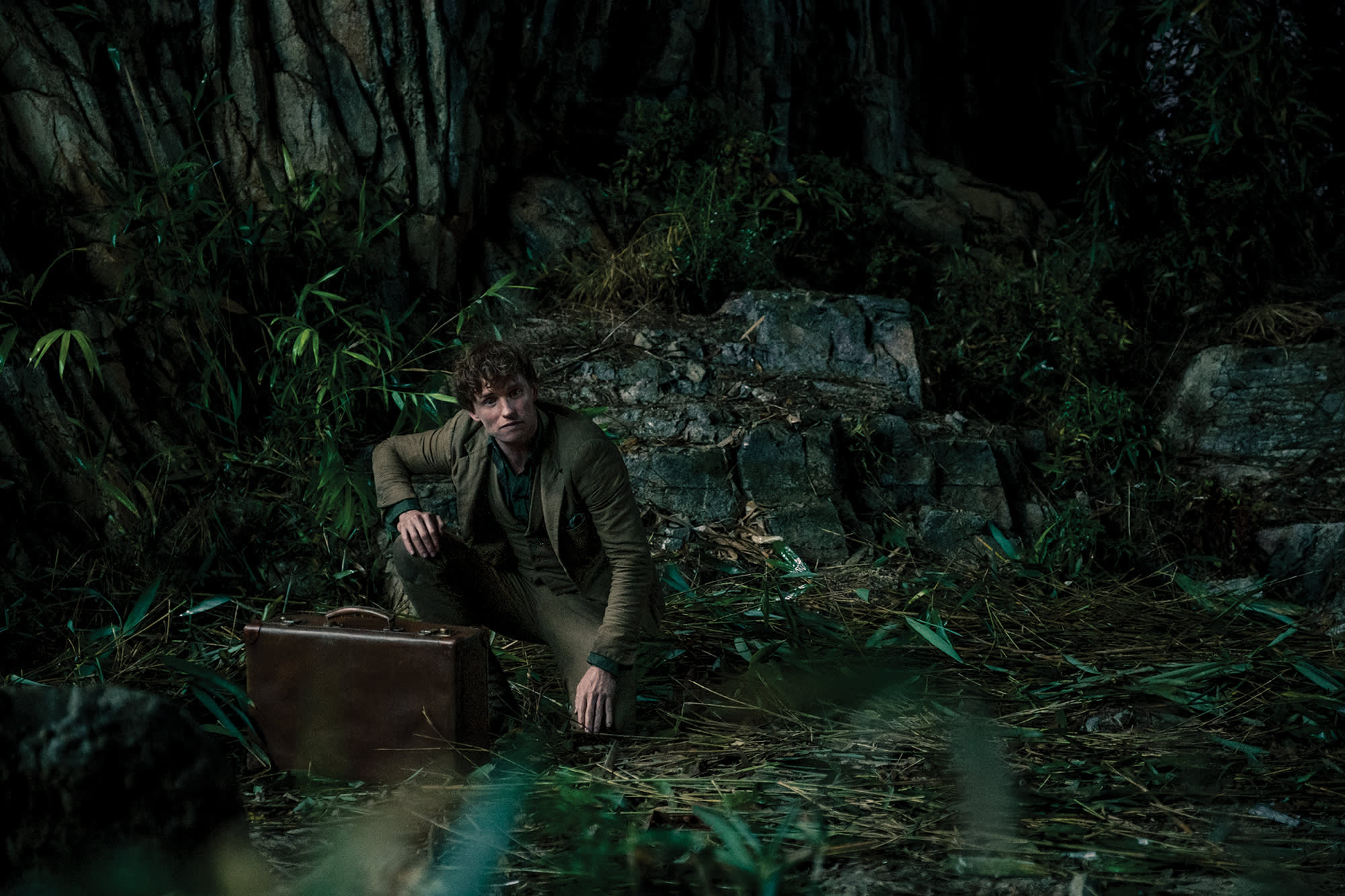 Newt is crouching down by his case while in a jungle
