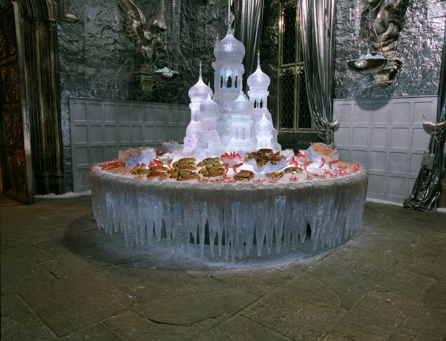 An ice sculpture surrounded by crabs for the Yule Ball 