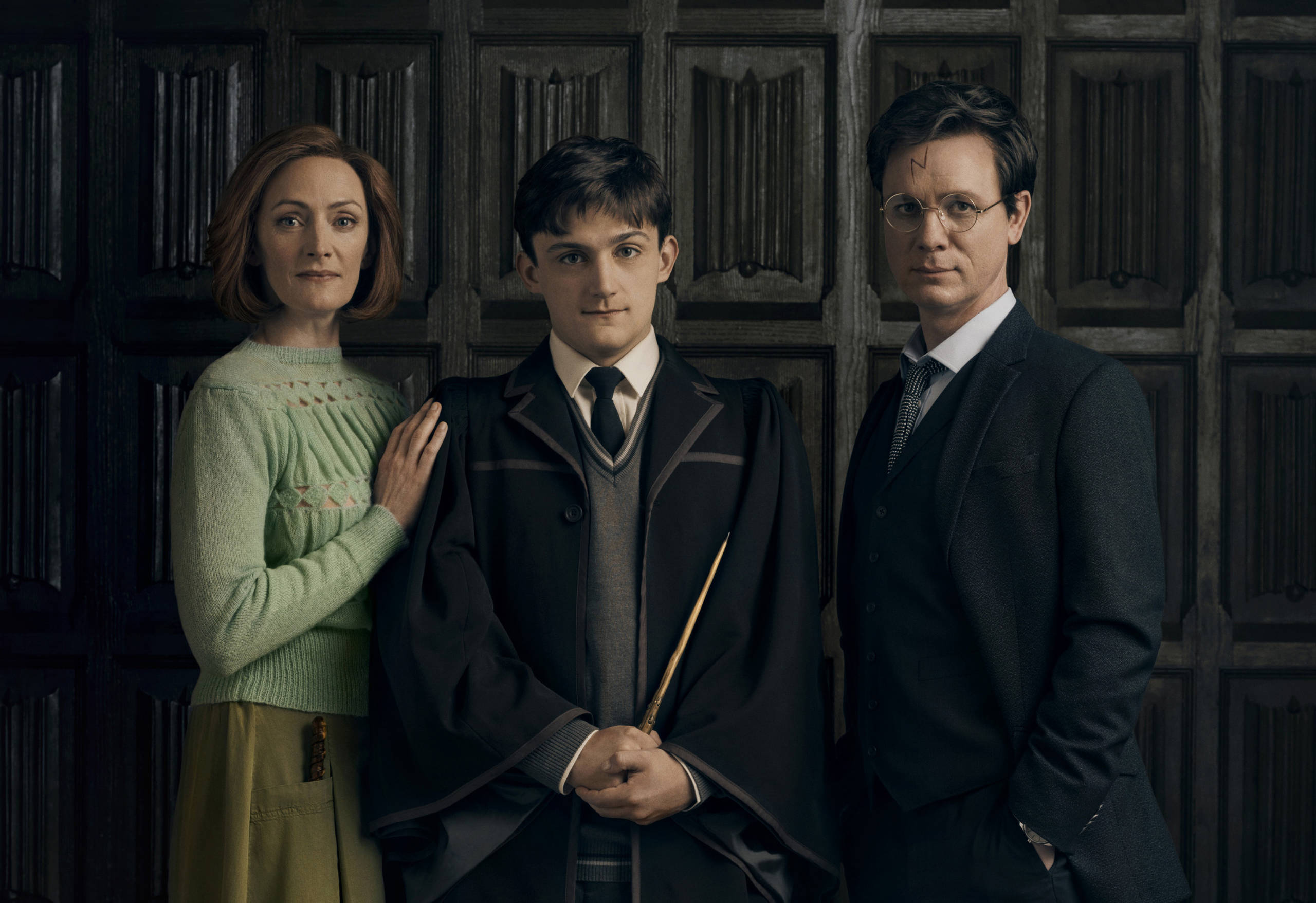Ginny (Susie Trayling) Albus (Joe Idris-Roberts) and Harry (Jamie Ballard) join the third West End cast for Cursed Child. Image by Charlie Gray 