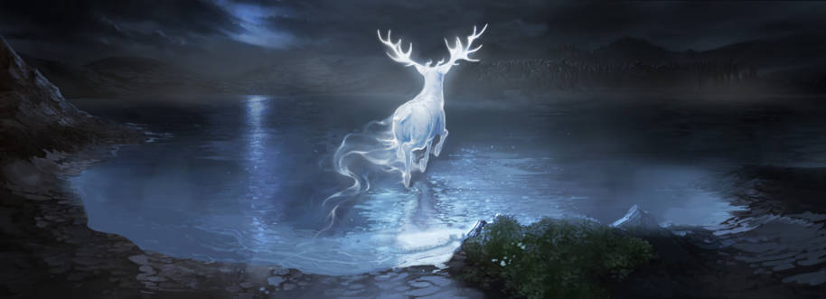 Harry's stag patronus charges across the lake towards the Dementors.