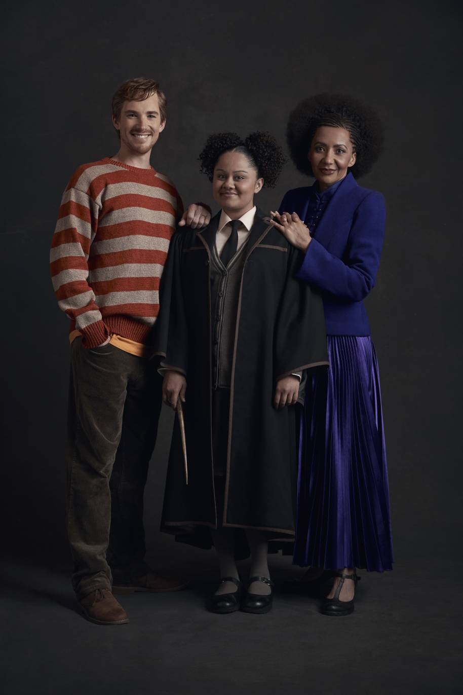 From left to right: Michael Whalley as Ron Weasley, Manali Datar as Rose Granger-Weasley, Paula Arundell as Hermione Granger