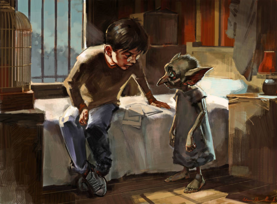 An illustration of Dobby in Harry's bedroom.