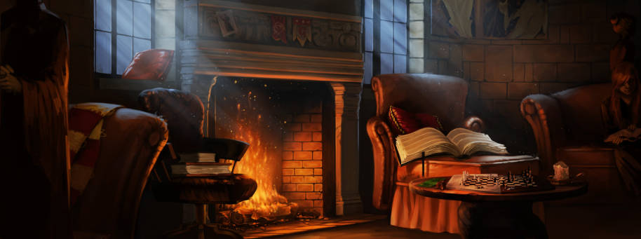 The fireplace in the Gryffindor Common Room 
