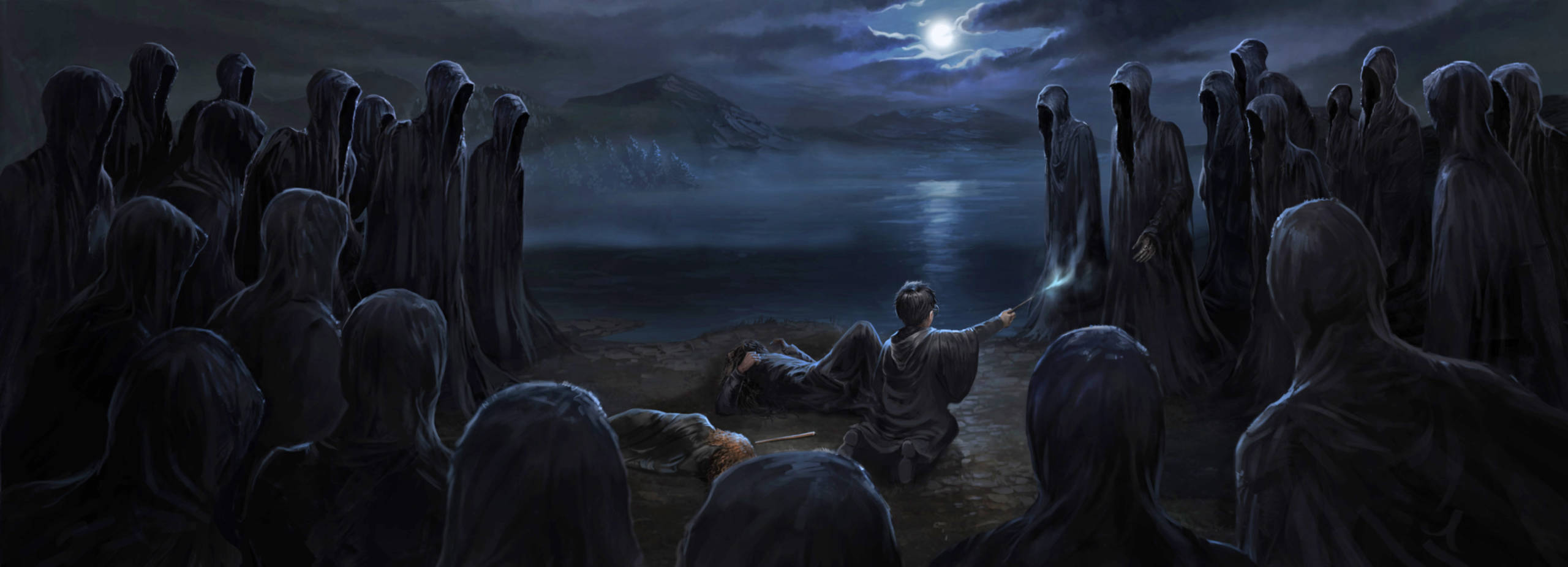 Harry, Hermione and Sirius are overwhelmed by a swarm of Dementors by the lake.
