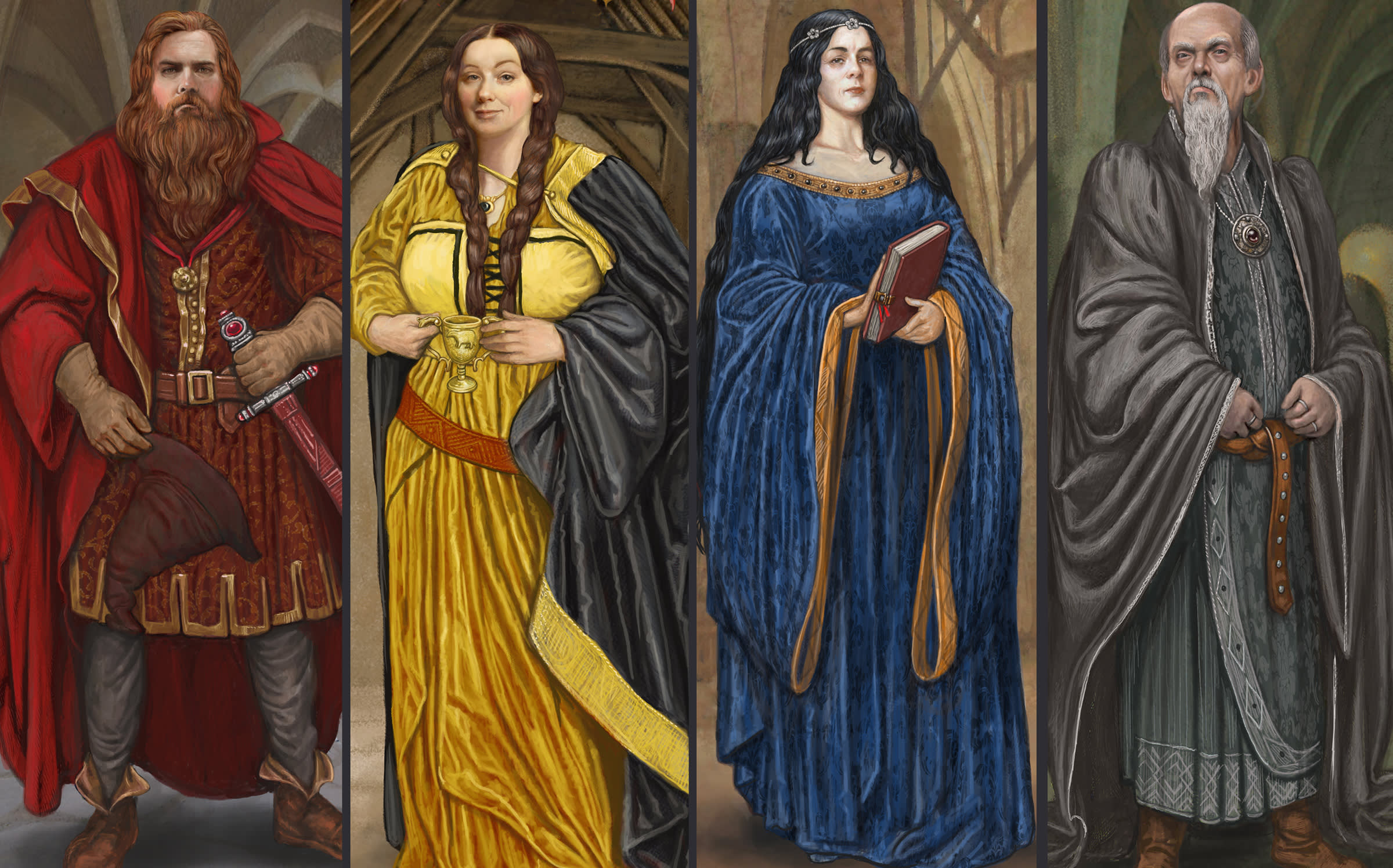 Illustration of founders of the four houses - Gryffindor, Hufflepuff, Ravenclaw and Slytherin