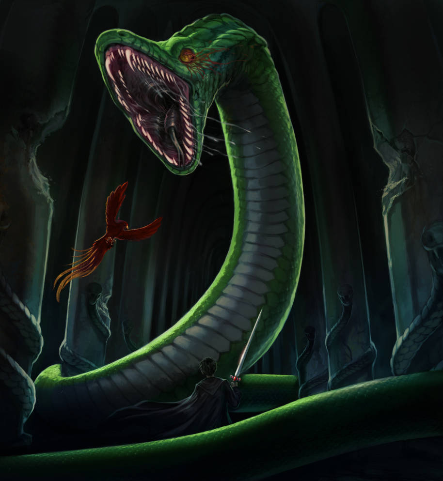 Basilisk being fought by Fawkes 
