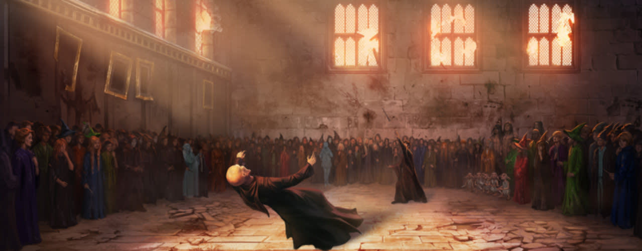 Lord Voldemort is killed by his own rebounding spell in a battle against Harry in the great hall from the Deathly Hallows. 