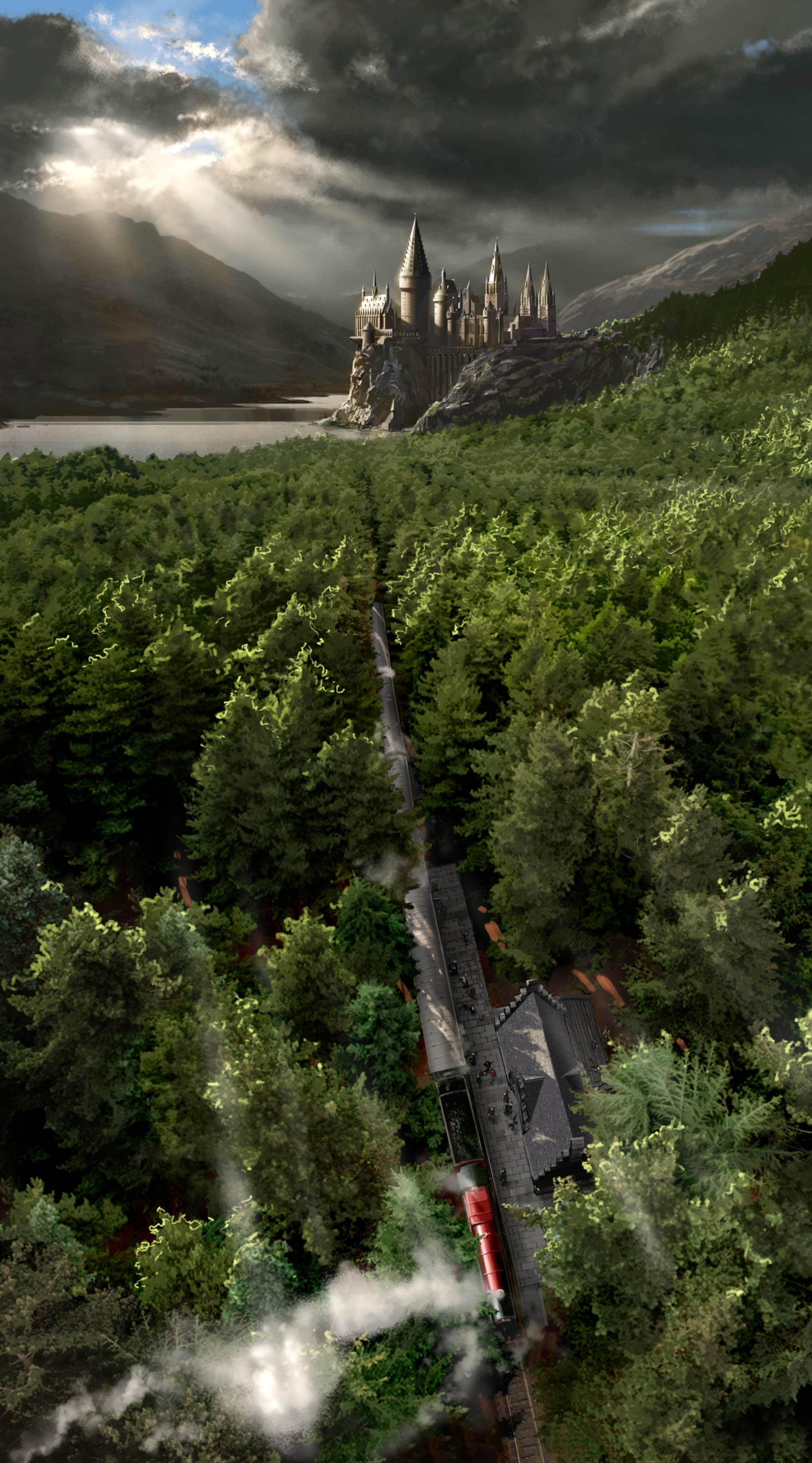 An illustration of Hogwarts and Hogsmead station 