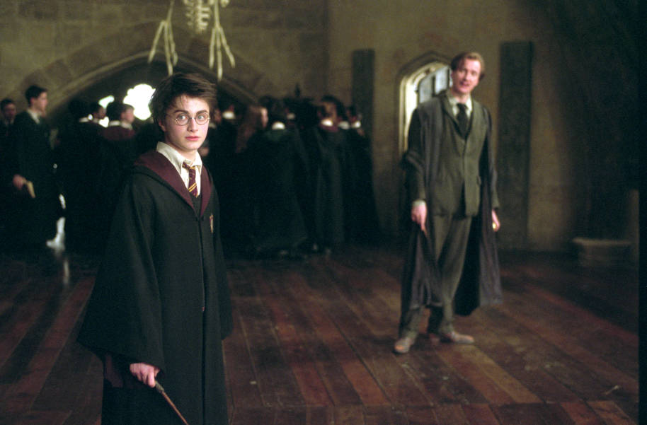 Harry about to face a Boggart in Defence against the Dark Arts 