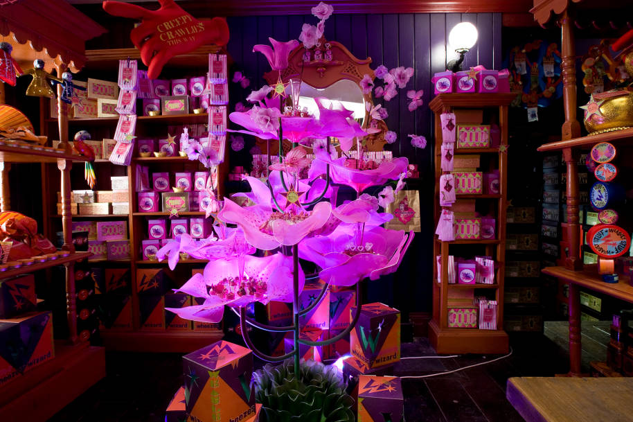 Inside one area of the Weasley Wizard Wheezes joke shop. There are shelves containing products and a pink centrepiece containing potions.