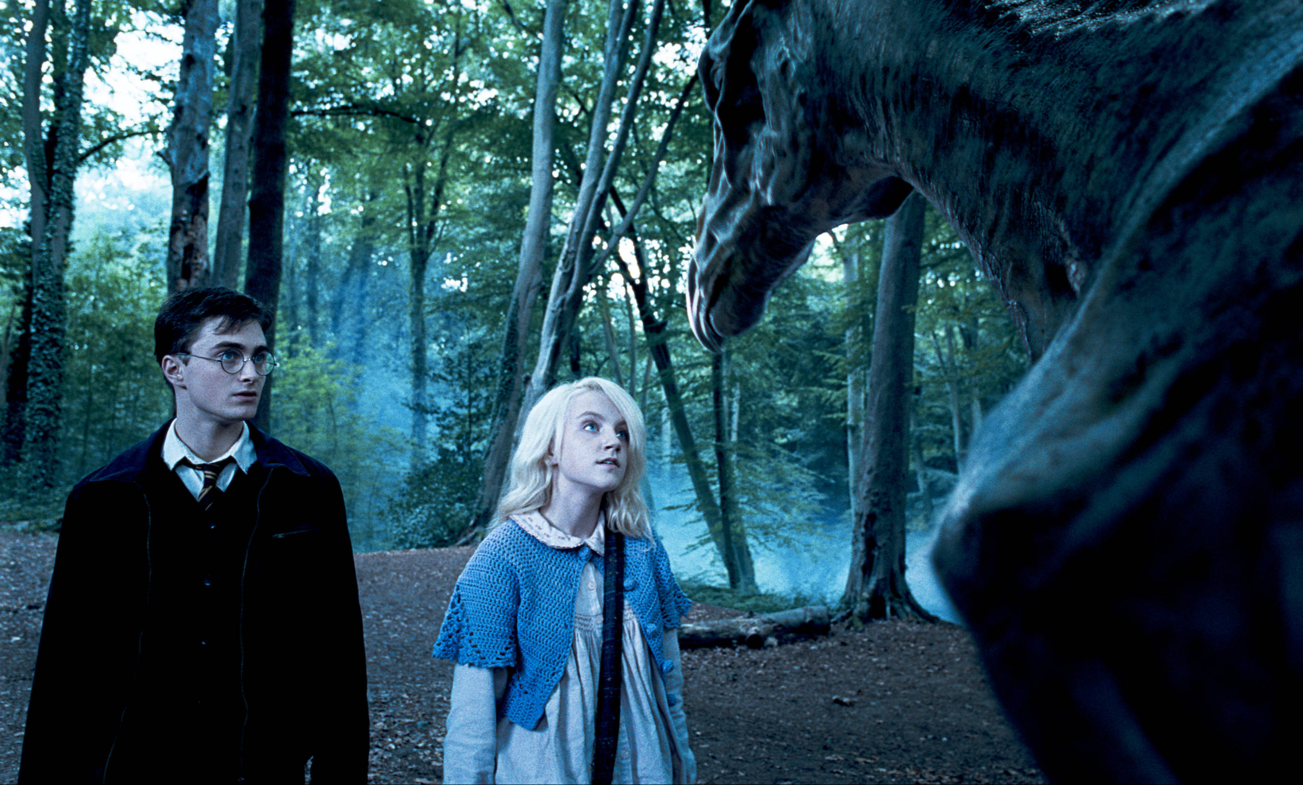 Harry and Luna look at Thestrals in the forest in a still from the Order of the Phoenix.