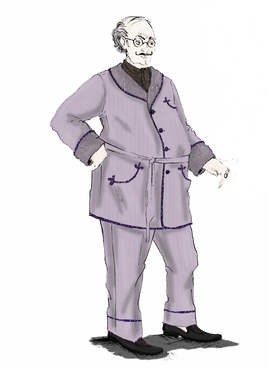 An illustration of Slughorn in his pyjamas.