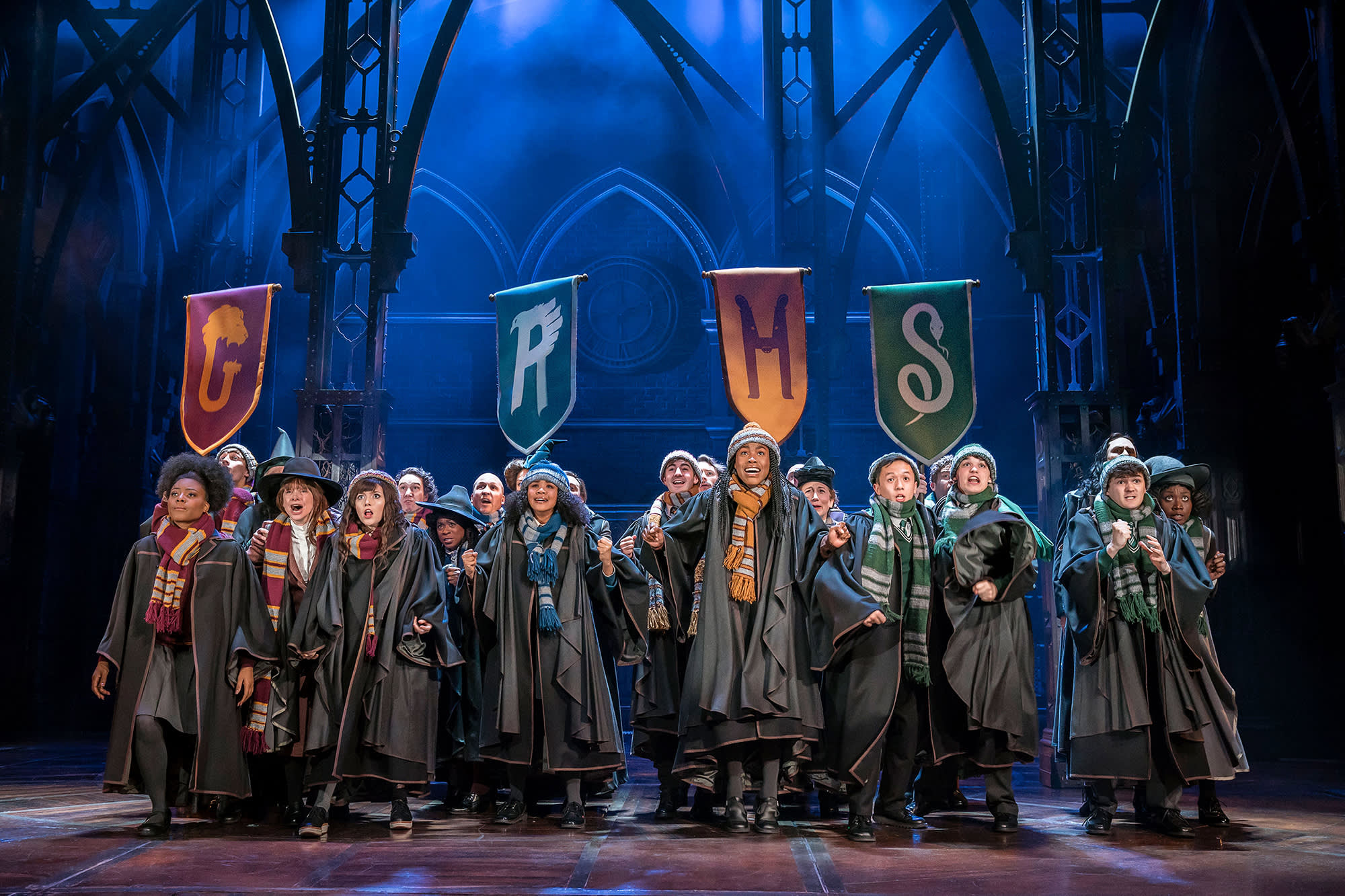 Hogwarts students of all houses gathered together shouting and cheering, some are holding banners.